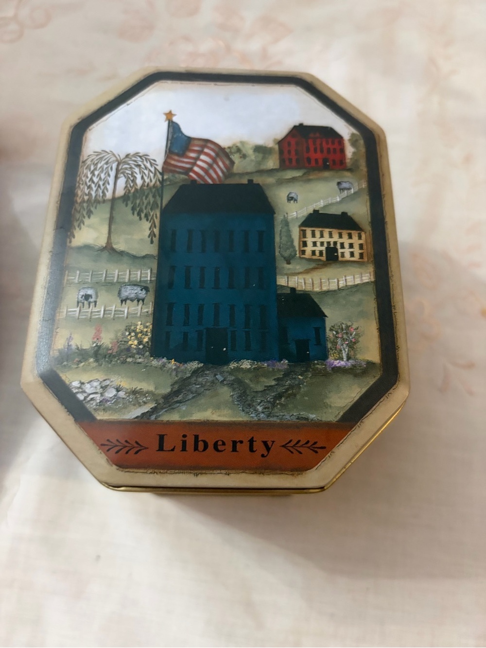 Liberty Decorative Tin with Folk Art Village Scene